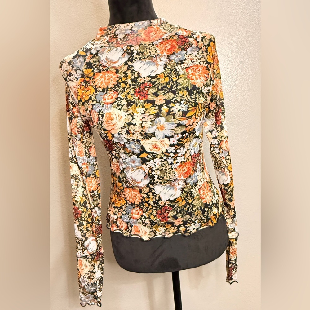 Floral Long Sleeve Mesh Top - Black/Orange Print